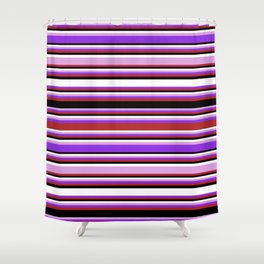 [ Thumbnail: Eyecatching Plum, Purple, Red, Black & White Colored Lines/Stripes Pattern Shower Curtain ]