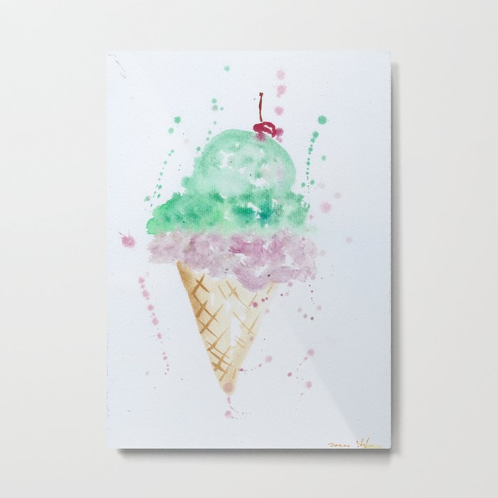 Icecream Summer love Cherry illustration ice cream cone watercolor Metal Print