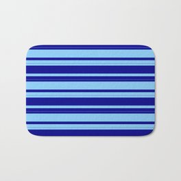 [ Thumbnail: Dark Blue and Light Sky Blue Colored Stripes Pattern Bath Mat ]