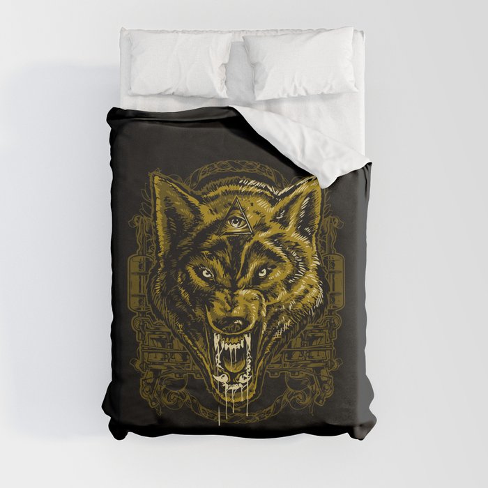 Wild Angry Wolf Tattoo Illustration Duvet Cover