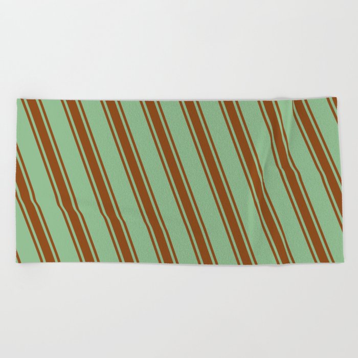Dark Sea Green and Brown Colored Pattern of Stripes Beach Towel