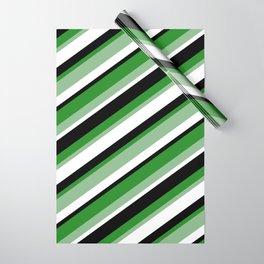 [ Thumbnail: Forest Green, Dark Sea Green, White & Black Colored Striped Pattern Wrapping Paper ]