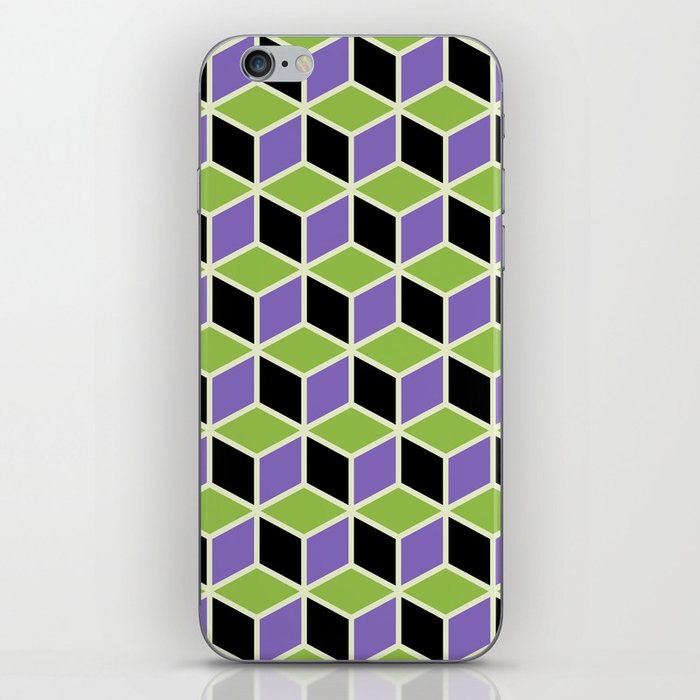 Geometric Cube Pattern 130 Black Green and Lavender iPhone Skin