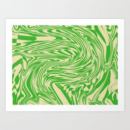 Psychedelic Warped Marble Wavy Checkerboard in Green and Cream Art Print