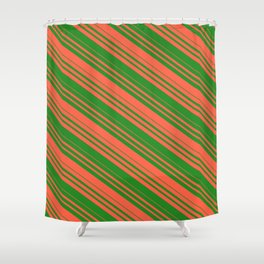 [ Thumbnail: Red and Forest Green Colored Striped Pattern Shower Curtain ]
