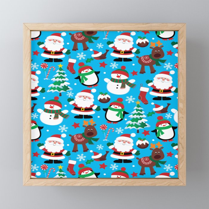 Santa Claus, Snowmen, Reindeer and Christmas Trees Pattern Framed Mini Art Print