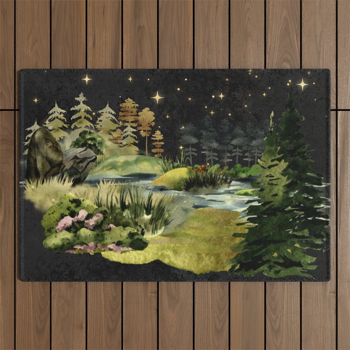 Watercolour Night Stream Landscape Outdoor Rug