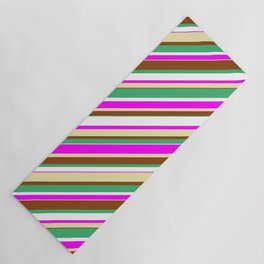 [ Thumbnail: Eye-catching Sea Green, White, Fuchsia, Pale Goldenrod, and Brown Colored Lined/Striped Pattern Yoga Mat ]