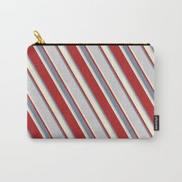 [ Thumbnail: Red, Light Slate Gray, Light Grey & Beige Colored Pattern of Stripes Carry-All Pouch ]