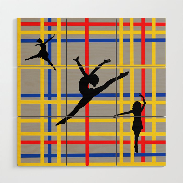 Dancing like Piet Mondrian - New York City I. Red, yellow, and Blue lines on the grey background Wood Wall Art