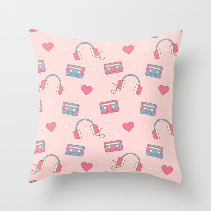 Cute Colorful Pattern With Headphones Hearts Dots And Cassette Tapes Throw Pillow