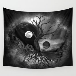 Yin Yang Tree Landscape Black and White Wall Tapestry