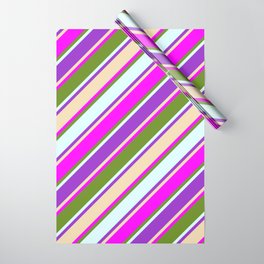 [ Thumbnail: Vibrant Dark Orchid, Tan, Fuchsia, Green & Light Cyan Colored Lined/Striped Pattern Wrapping Paper ]