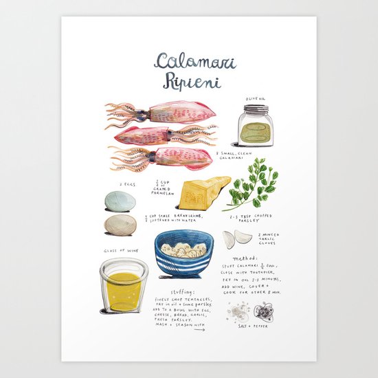 illustrated recipes: calamari ripieni Art Print