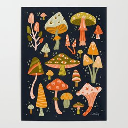 Mystic Mushrooms – Khaki & Green on Navy Poster