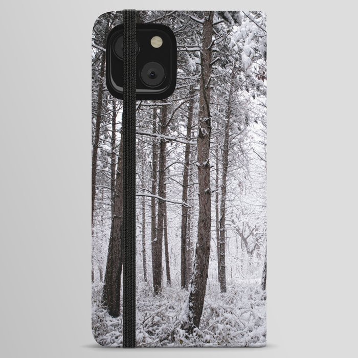 Snowy forest of pine trees in Iowa iPhone Wallet Case