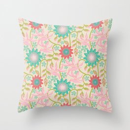 PASSION AND PARADISE Tropical Botanical Floral with Passion Flowers Birds of Paradise Heliconia in Red Turquoise Pastel Pink Green - UnBlink Studio by Jackie Tahara Throw Pillow