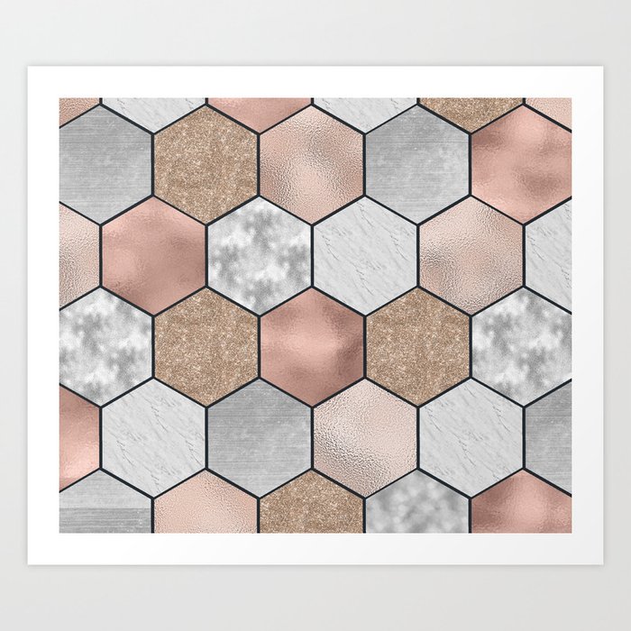 Marble hexagons and rose gold on black Art Print