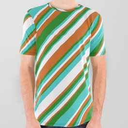 [ Thumbnail: Chocolate, Forest Green, Turquoise, and White Colored Stripes/Lines Pattern All Over Graphic Tee ]
