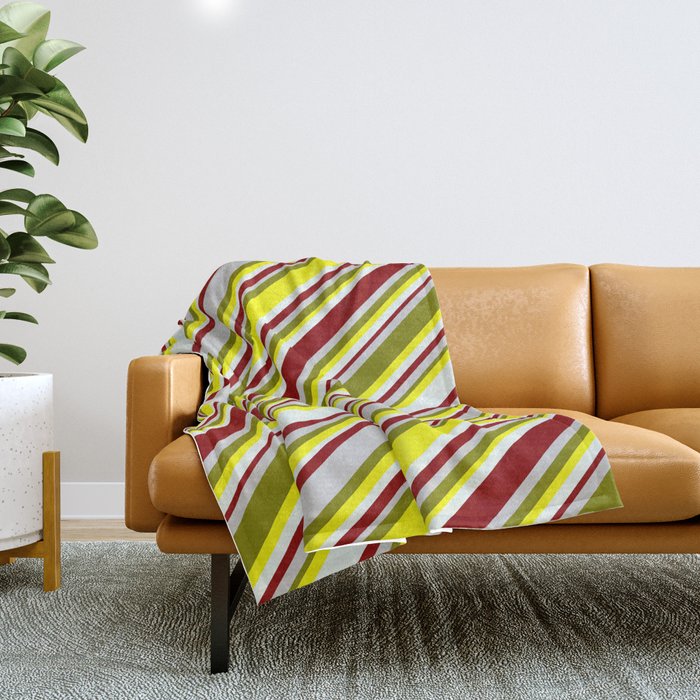 Eyecatching Green, Yellow, Mint Cream, Dark Red, and Light Gray Colored Lined Pattern Throw Blanket