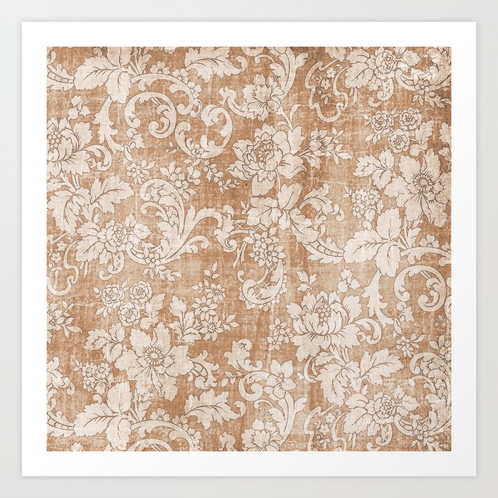 Vintage white brown grunge shabby floral Art Print