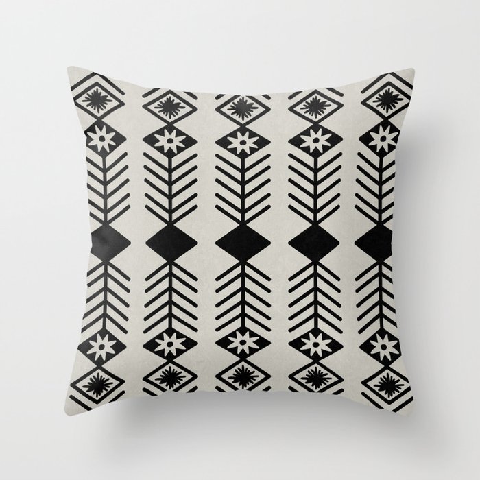 Black aztec lines and flowers on neutral Throw Pillow