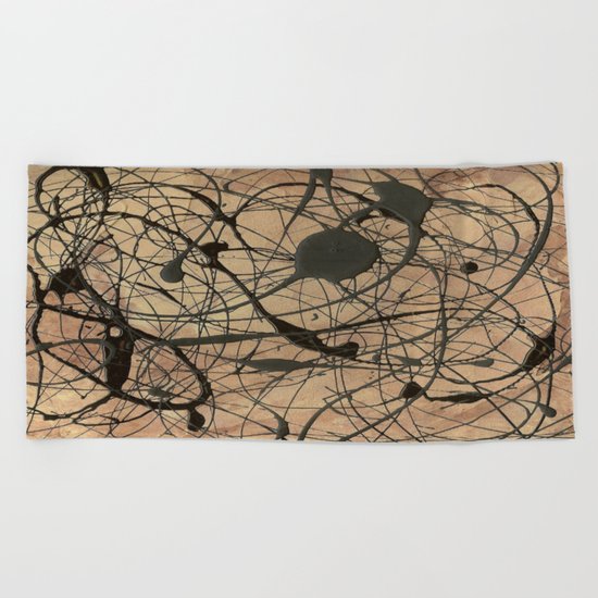 Pollock Inspired Abstract Black On Beige Beach Towel