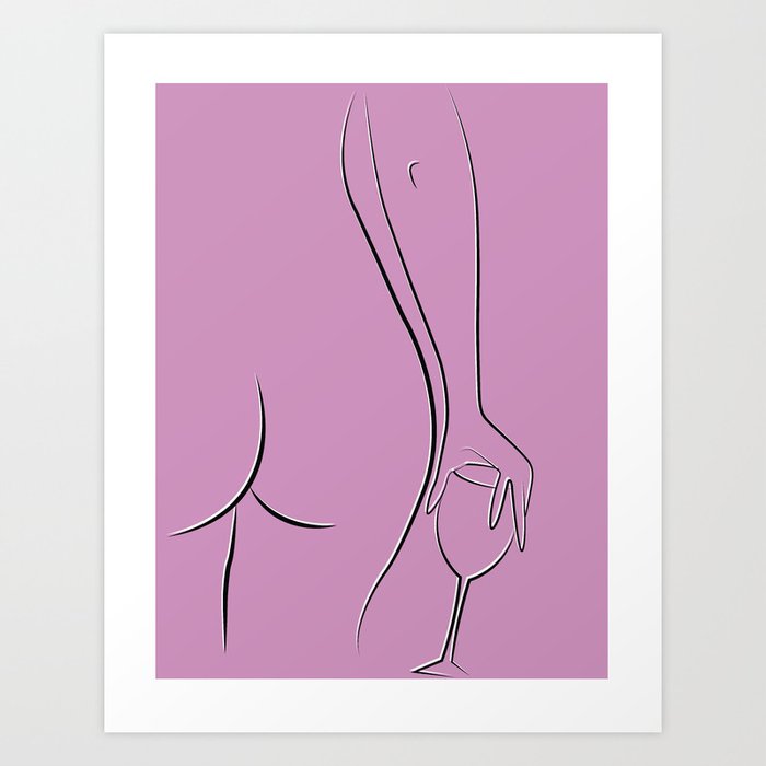 Booty & Wine o'clock Drawing - Curvy Line Art - Neutral wine/purple color Art Print