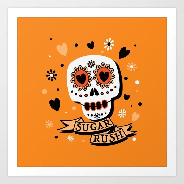 Halloween Sugar Rush Skull - Orange & Black Art Print
