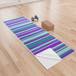 [ Thumbnail: Dark Violet, Dark Cyan, and Powder Blue Colored Lines/Stripes Pattern Yoga Towel ]