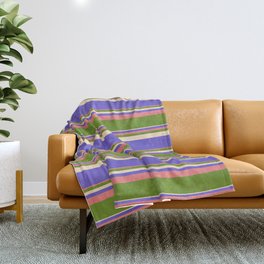 [ Thumbnail: Light Coral, Green, Bisque & Slate Blue Colored Striped/Lined Pattern Throw Blanket ]
