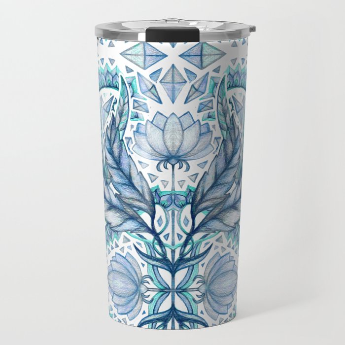 Lily, Leaf & Triangle Pattern – blues Travel Mug