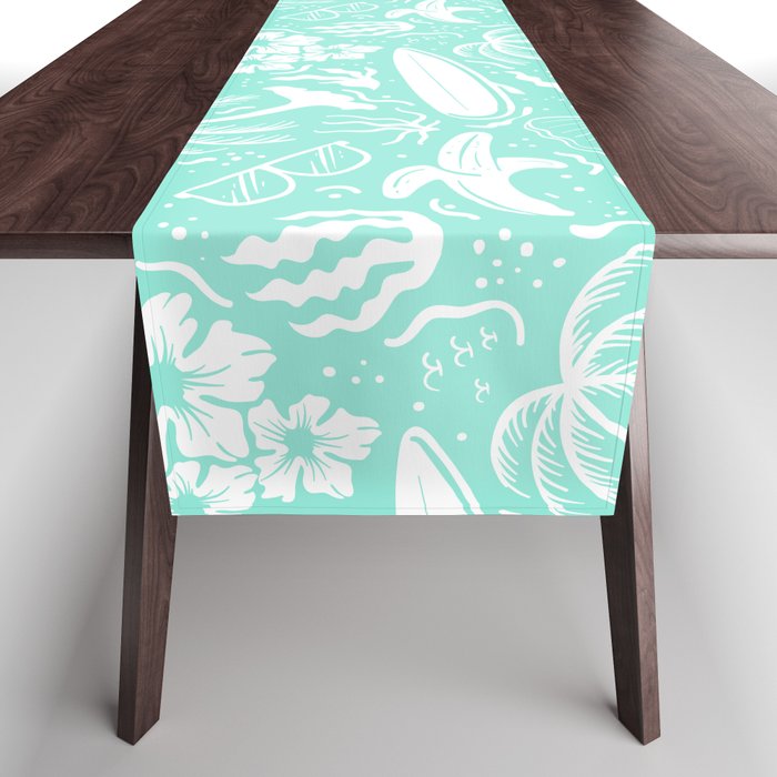 Mint Blue and White Surfing Summer Beach Objects Seamless Pattern Table Runner