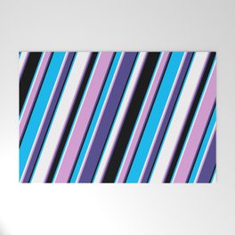 [ Thumbnail: Eye-catching Plum, Dark Slate Blue, Black, Deep Sky Blue & White Colored Lined/Striped Pattern Welcome Mat ]