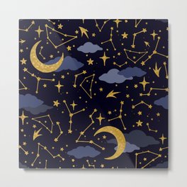 Celestial Stars and Moons in Gold and Dark Blue Metal Print | Gold, Witch, Celestial, Evannave, Clouds, Space, Astronomy, Moon, Drawing, Pattern 