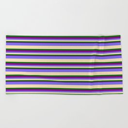 [ Thumbnail: Medium Slate Blue, Tan, Dark Green & Purple Colored Pattern of Stripes Beach Towel ]
