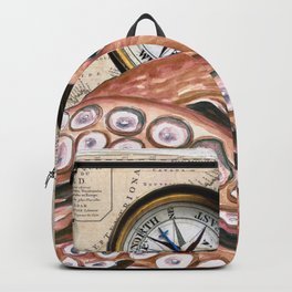 Red Octopus Compass Vintage Map Nautical Beige Beach Chic Backpack