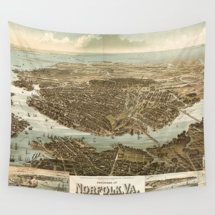 Vintage Pictorial Map of Norfolk Virginia (1892) Wall Tapestry by 