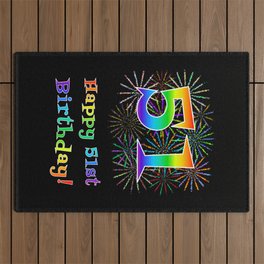 [ Thumbnail: 51st Birthday - Fun Rainbow Spectrum Gradient Pattern Text, Bursting Fireworks Inspired Background Outdoor Rug ]