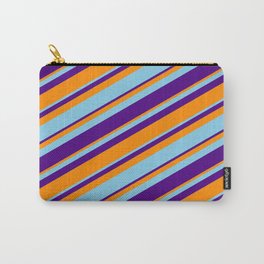 [ Thumbnail: Dark Orange, Sky Blue & Indigo Colored Lined Pattern Carry-All Pouch ]