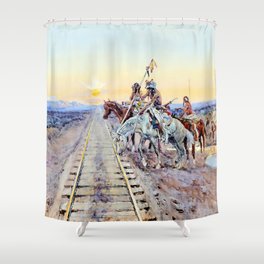 “Trail of the Iron Horse” by Charles M Russell Shower Curtain