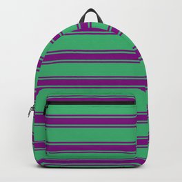 [ Thumbnail: Sea Green and Purple Colored Stripes Pattern Backpack ]