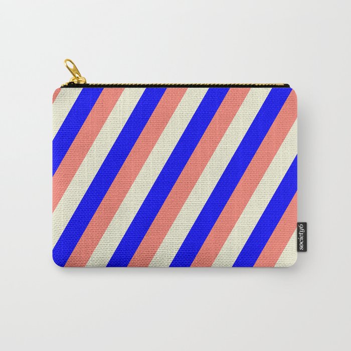 Blue, Salmon & Beige Colored Stripes/Lines Pattern Carry-All Pouch