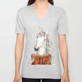 Unicorn reading book watercolor painting V Neck T Shirt