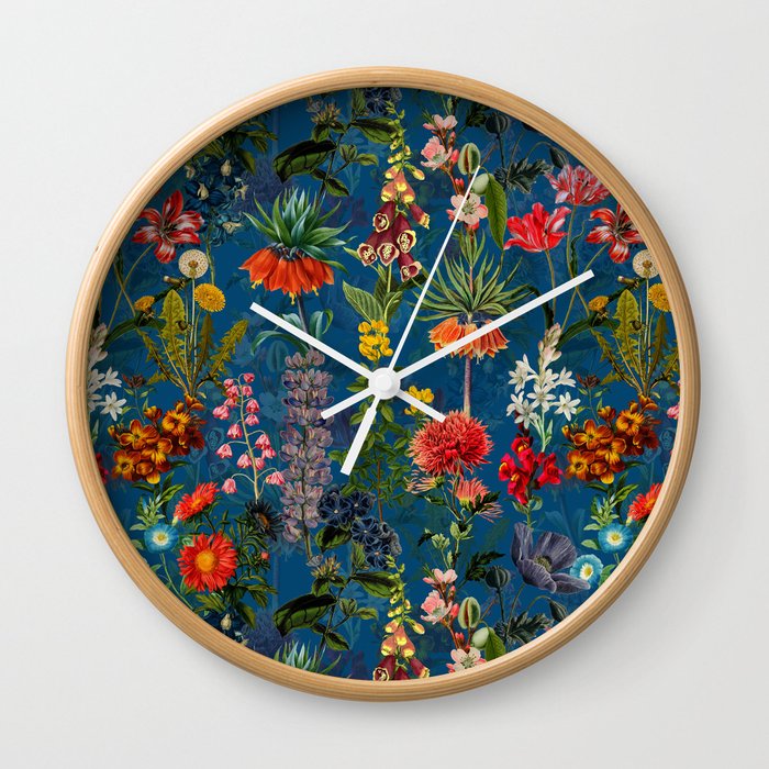Vintage & Shabby Chic - Blue Midnight Spring Botancial Flower Garden Wall Clock