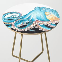Blue Octopus Tentacles on White Nautical Marine Ink Art Side Table