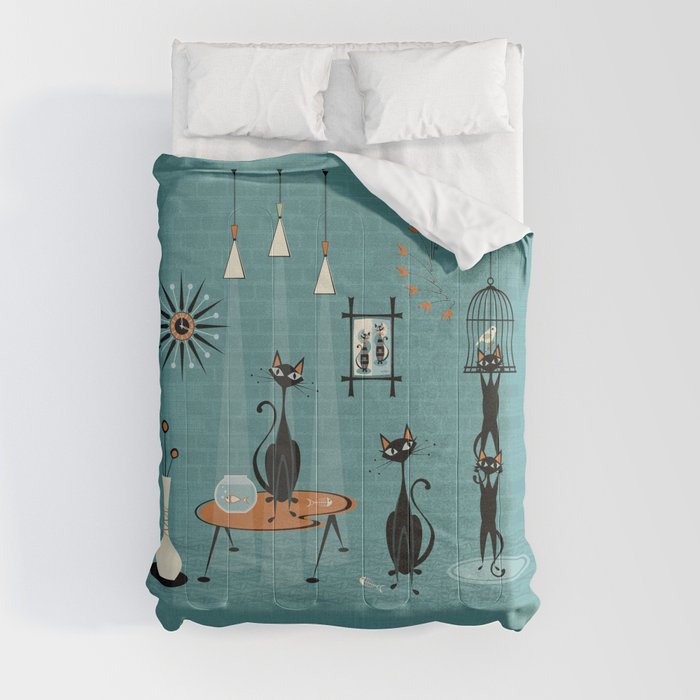 Mid Century Kitty Mishchief - w/ Orange ©studioxtine Comforter