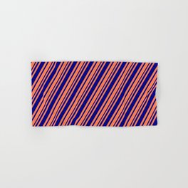 [ Thumbnail: Coral and Blue Colored Striped Pattern Hand & Bath Towel ]