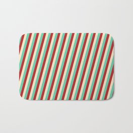 [ Thumbnail: Red, Bisque, and Aquamarine Colored Lines/Stripes Pattern Bath Mat ]