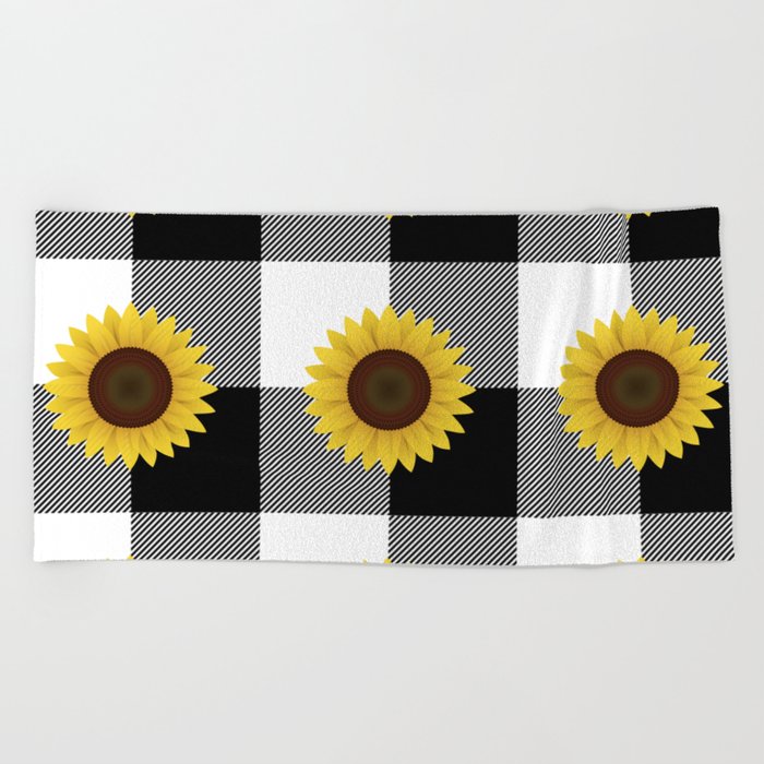 Sunflower And Black Buffalo Plaid Pattern,Black And White Buffalo Check,Checkered,Gingham,Farmhouse,Country.Flannel,Rustic,Summer, Beach Towel